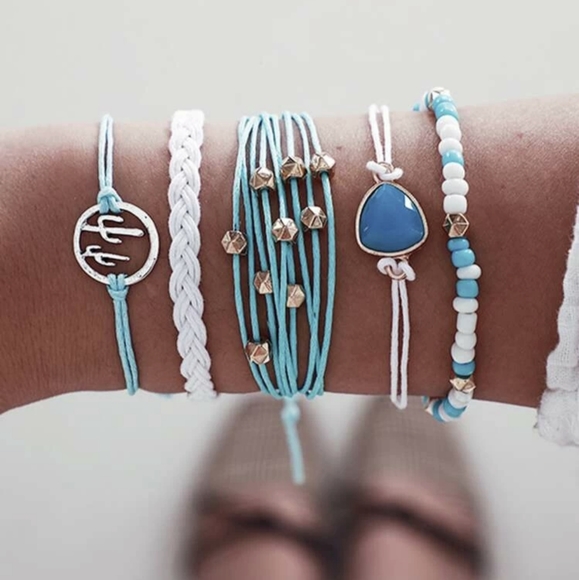 Jewelry - Set of 5 blue and white cactus layered bracelets